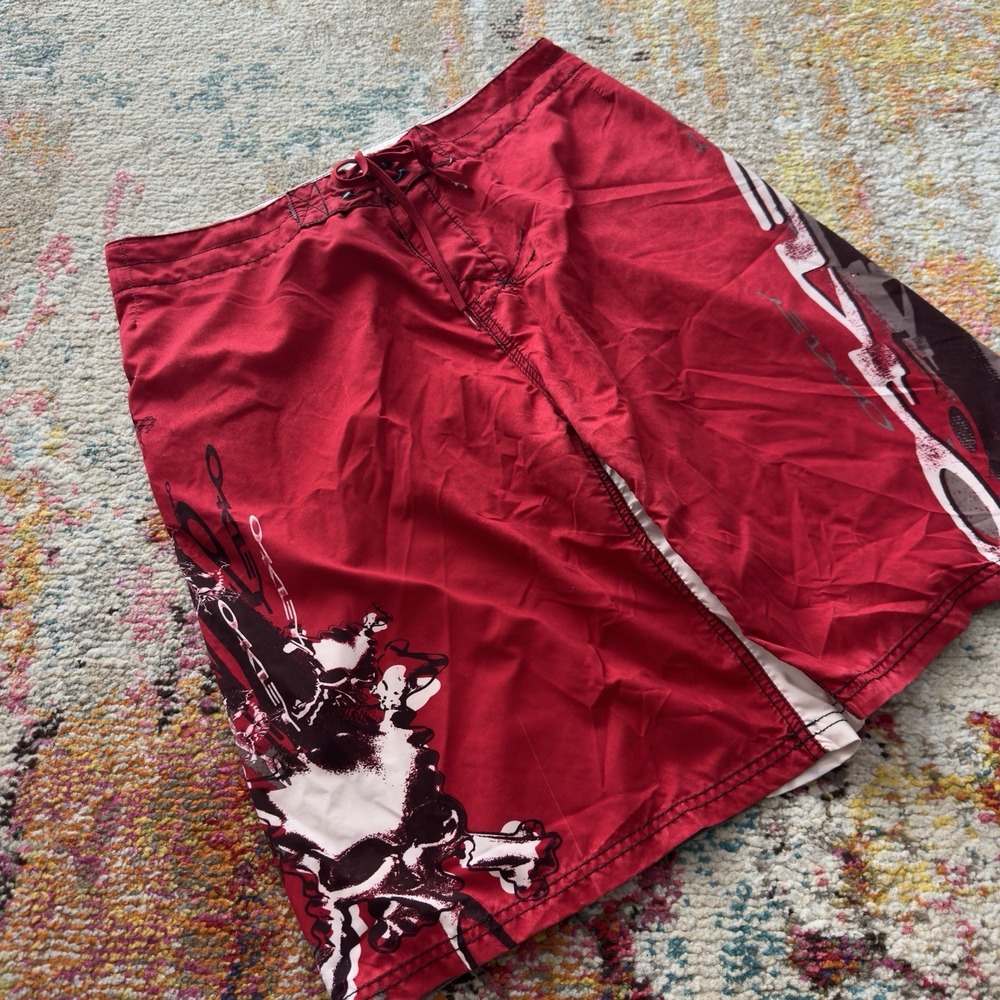 Vintage Y2K Oakley Graphic Board Shorts Swim Trunks Red Size 36